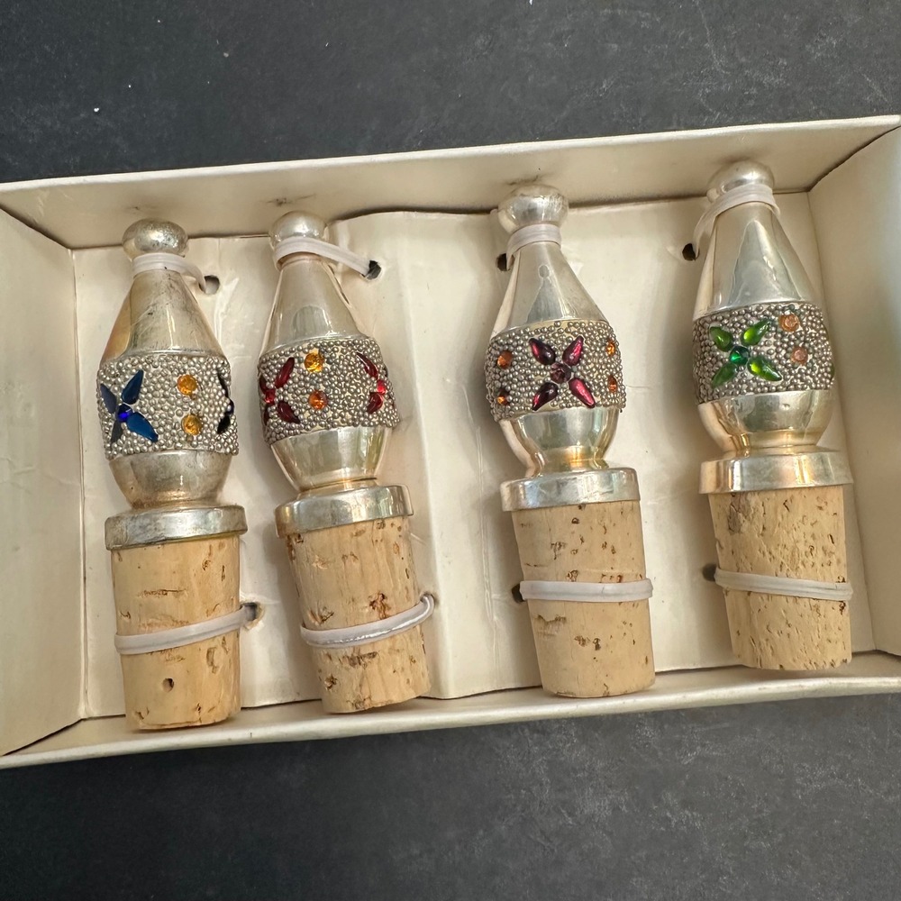 Pier 1 Exclusive Silver Plated Jeweled Bottle Wine Stoppers 4 pc New